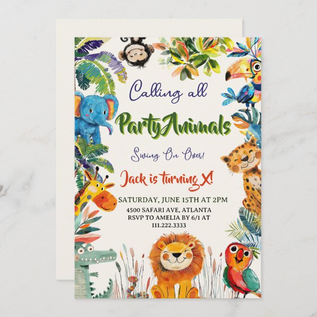 Convite Cute Watercolor Quirky Safari Animal Birthday (Frente/Verso)