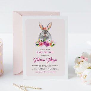 Convite Cute Watercolor Rabbit Floral Rosa Brunei para Beb