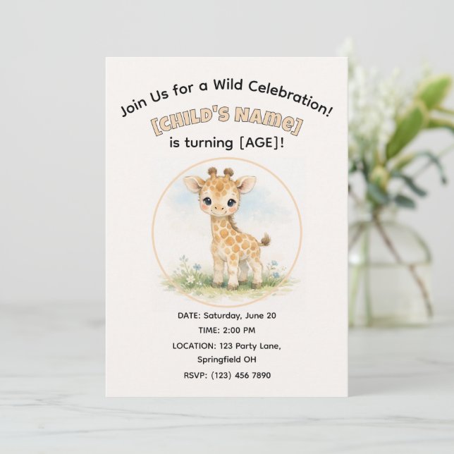 Convite Cute Watercolor Safari Giraffe Kid's Birthday (Em pé/Frente)