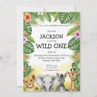 Convite Cute Watercolor Safari Wild One Birthday