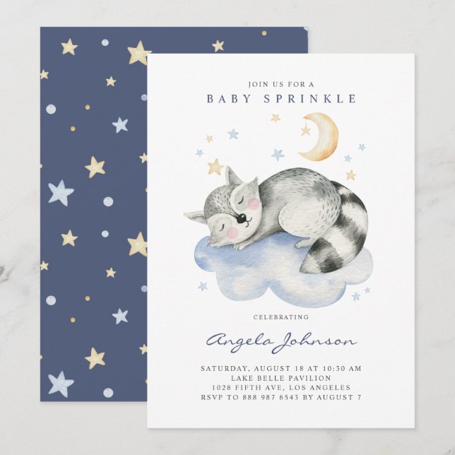 Convite Cute Watercolor Sleeping Raccoon Baby Brunch (Frente/Verso)