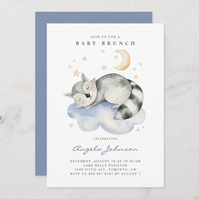 Convite Cute Watercolor Sleeping Raccoon Baby Brunch (Frente/Verso)