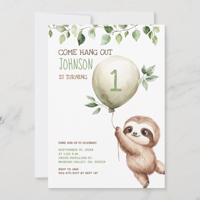 Convite Cute Watercolor Sloth Kids Birthday Party  (Frente)