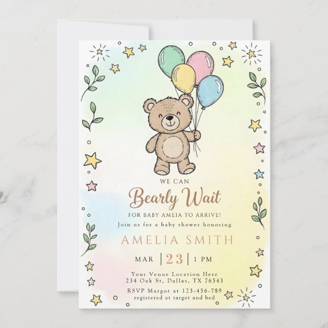 Convite Cute Watercolor Teddy bear Illustration babyshower (Frente)