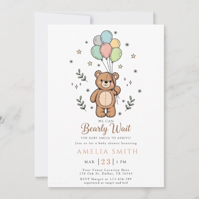 Convite Cute Watercolor Teddy bear Illustration babyshower (Frente)