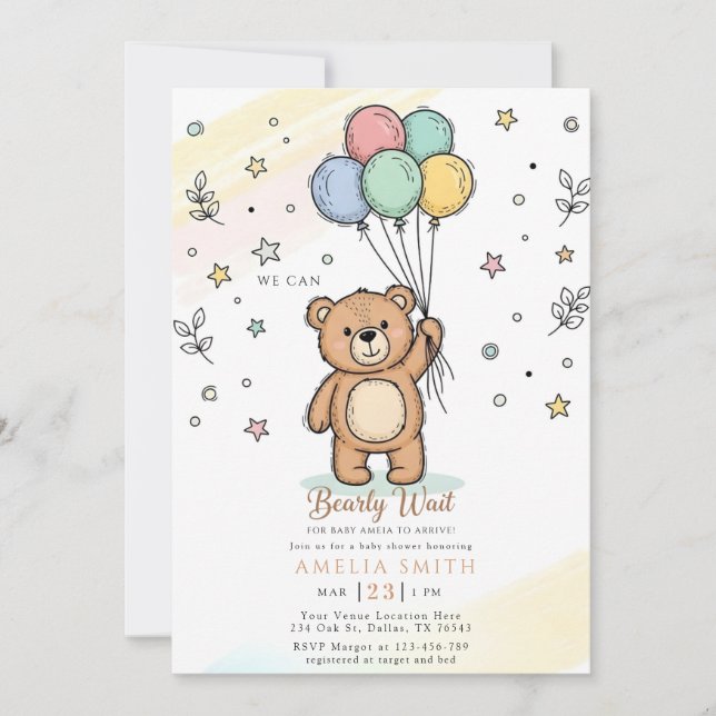 Convite Cute Watercolor Teddy bear Illustration babyshower (Frente)