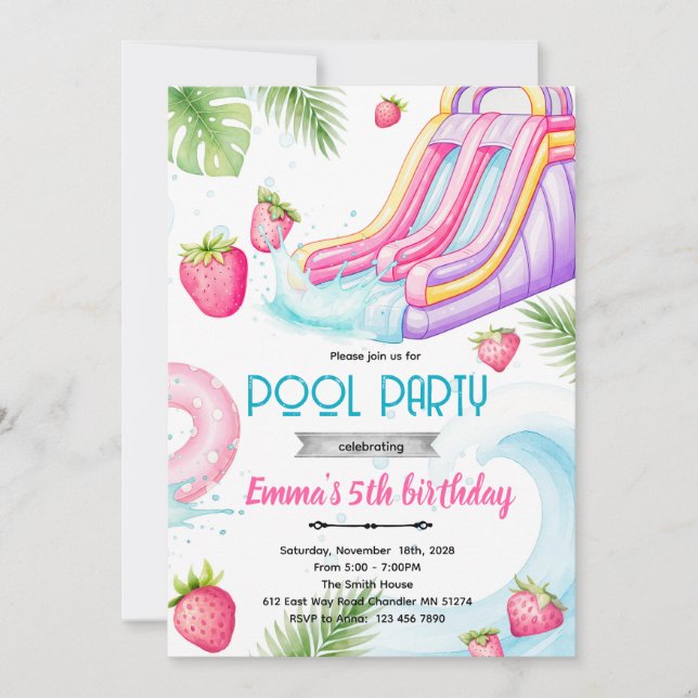 Convite Cute waterslide strawberry pool invite (Frente)