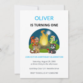 Convite Cute Wild Animals Campfire Kids First Birthday