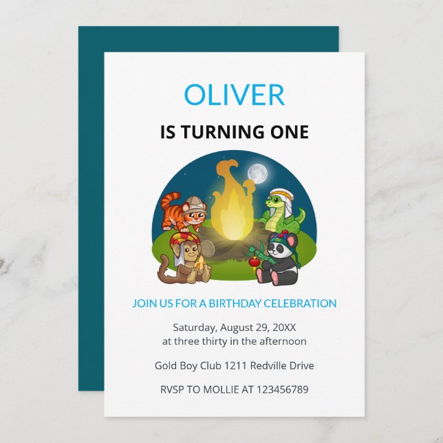 Convite Cute Wild Animals Campfire Kids First Birthday (Frente/Verso)