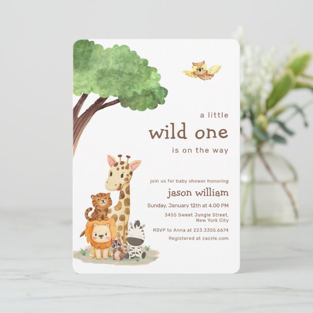Convite Cute Wild One Jungle Safari Animals Baby Shower (Em pé/Frente)