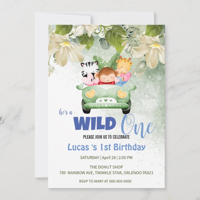 Convite Cute Wild One Safari Animal Love primeiro aniversa (Frente)