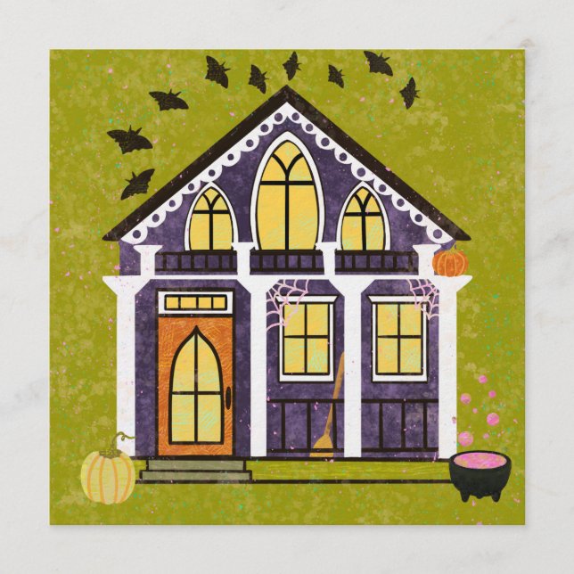 Convite Cute Witchy Haunted Halloween Cottage  (Frente)