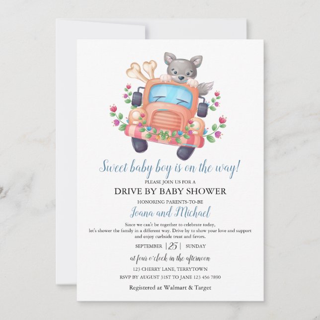 Convite Cute Wolf Boy Baby Shower Drive Through   (Frente)