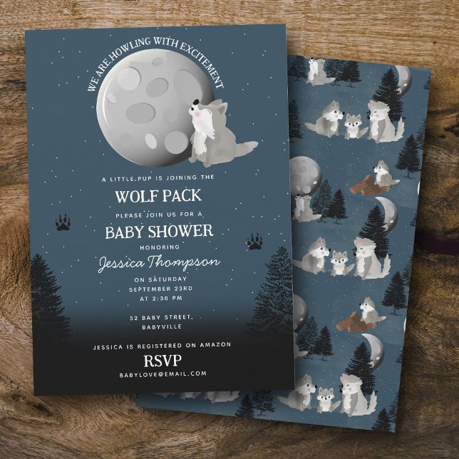 Convite Cute Wolf Pack Woodland Moon Howling Baby Shower (Cute Wolf Pack Woodland Moon Howling Baby Shower Invitation)