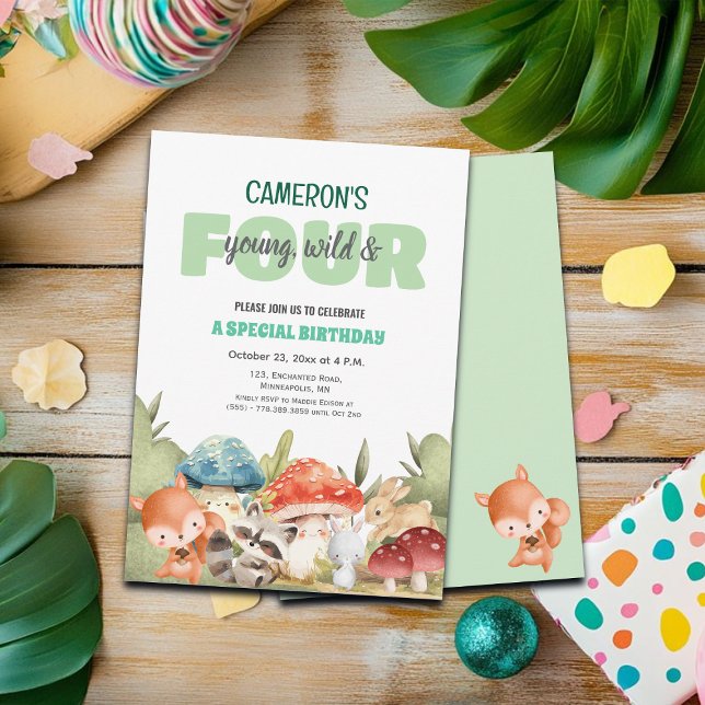 Convite Cute Woodland Animals 4th Birthday Party  (Criador carregado)