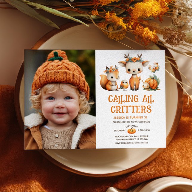 Convite Cute Woodland Animals Autumn Kids' Birthday Photo (Criador carregado)