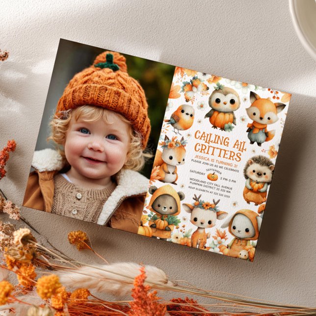 Convite Cute Woodland Animals Autumn Kids' Birthday Photo  (Criador carregado)