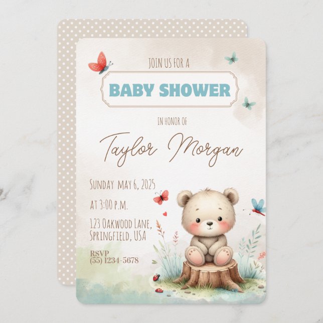 Convite Cute Woodland Bear Baby Shower Invitation (Frente/Verso)