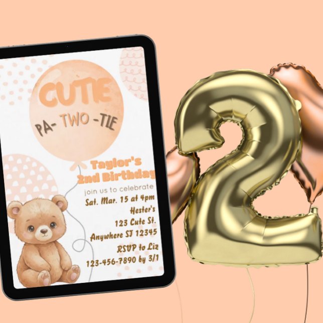 Convite Cutie Pa-TWO-tie Peach Bear Balloons 2nd Birthday (Criador carregado)