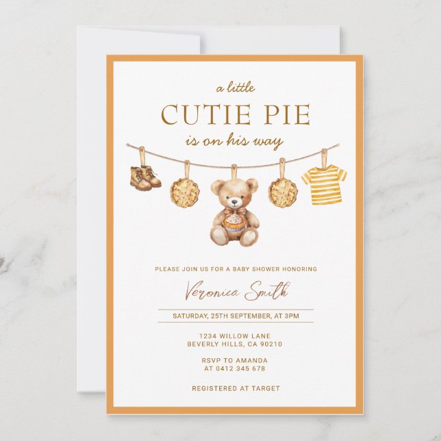 Convite Cutie Pie Bear Boy Baby Shower Invitation (Frente)