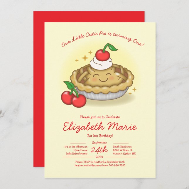 Convite Cutie Pie Birthday Party Kids Cherry (Frente/Verso)