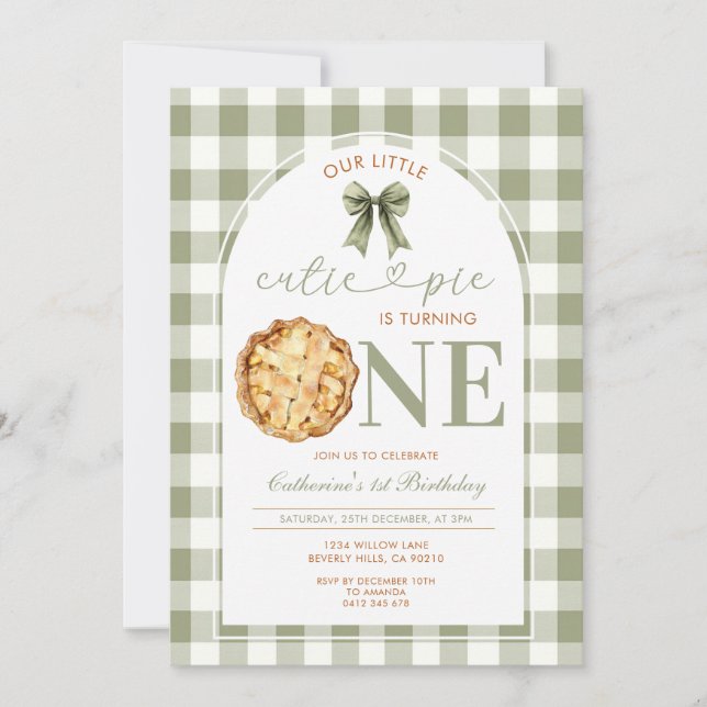 Convite Cutie Pie First Birthday Green Gingham (Frente)