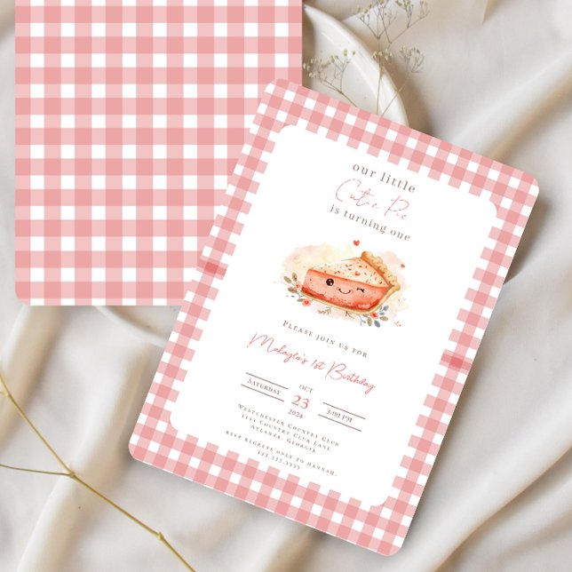 Convite Cutie Pie Rustic Pink Gingham primeiro aniversario (Criador carregado)
