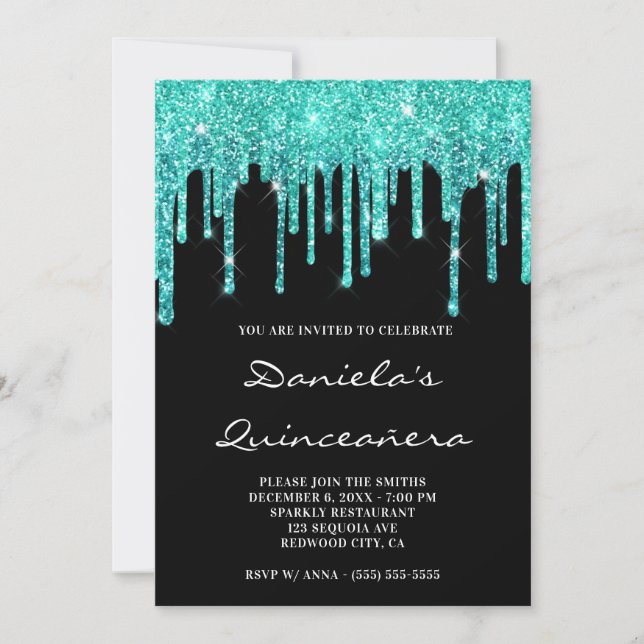 Convite Cyan Teal Glitter Gota Quinceañera Preta (Frente)