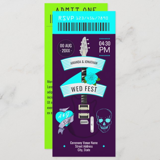 Convite Cyber Cool Rock ’n’ Roll Wedding Ticket (Frente/Verso)
