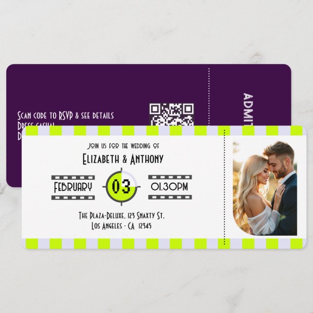 Convite Cyber Lime/Digital Lavender/Purple Cinema Ticket (Frente/Verso)