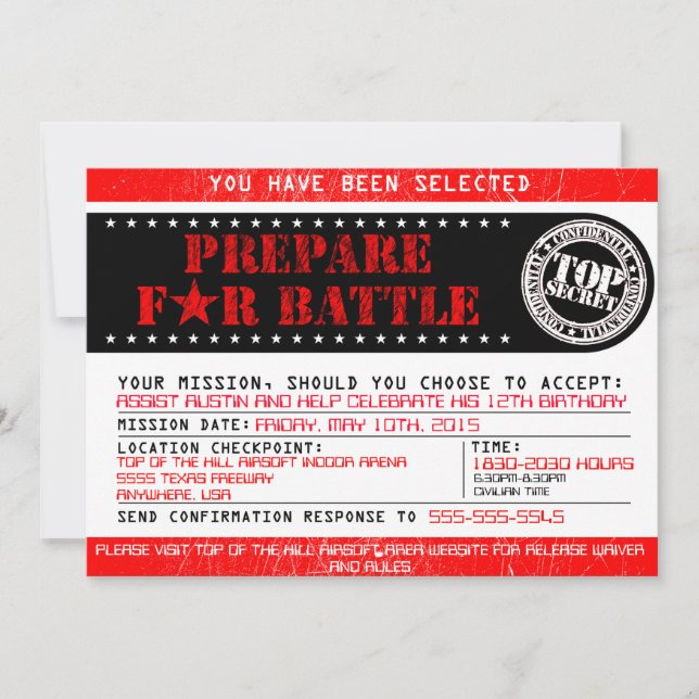 Convite da Airsoft 'Preparar para a Batalha' 5x7 (Frente)