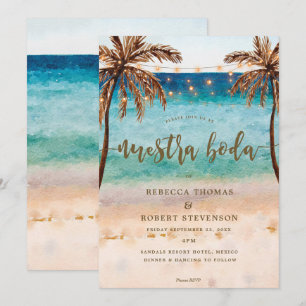 convite da boda para a cena da praia tropical