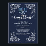 Convite da celebração de Menorah Hanukkah do<br><div class="desc">Enfie sua festa natalícia fora do direito com nosso convite de festas azul elegante da celebração de Hanukkah que caracteriza um quadro do vintage que apresenta uma luz - menorah azul ajustado em um fundo dos azuis marinhos com tipografia moderna. Certifique-se que todos seus amigos e membros da família estão...</div>