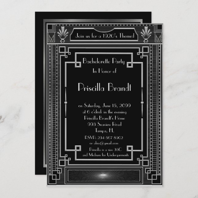 Convite da festa de solteira, grande Gatsby, prata (Frente/Verso)