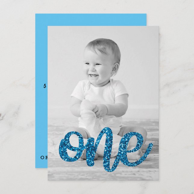 Convite Da foto azul do brilho dos meninos primeiro (Frente/Verso)