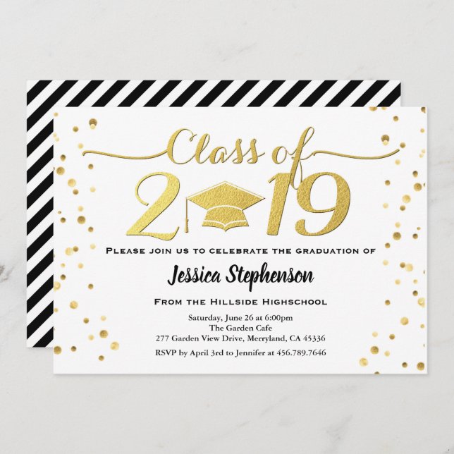 Convite da graduação. Ouro do falso branco e preto (Frente/Verso)