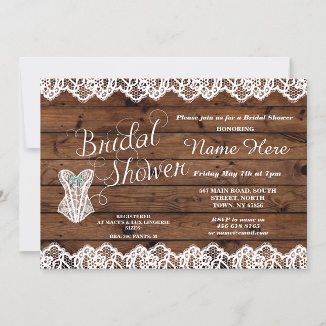 Convite da madeira do espartilho do laço do chá de (Frente)