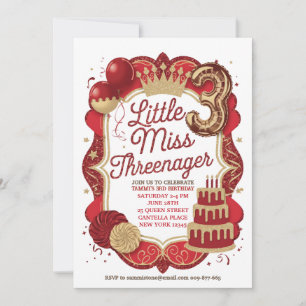 Convite da Pequena Senhorita Três Anos Vermelha