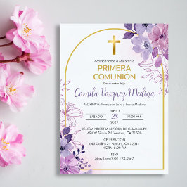 Convite da Primera Comunion Flores Roxas Fofas