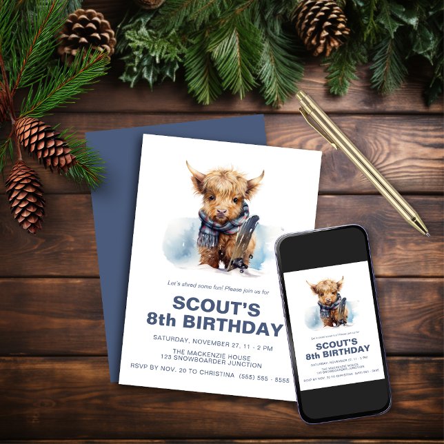 Convite da Vaca das Terras Altas no Snowboard (Criador carregado)