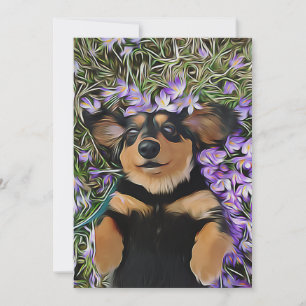 Convite Dachshund Deitado Em Flores Roxas