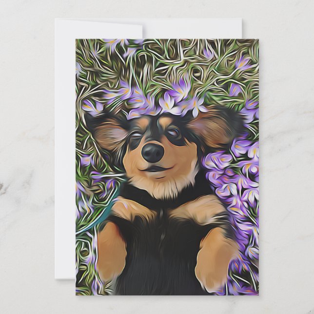 Convite Dachshund Deitado Em Flores Roxas (Frente)