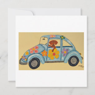 Convite Dachshund em carro hippie 