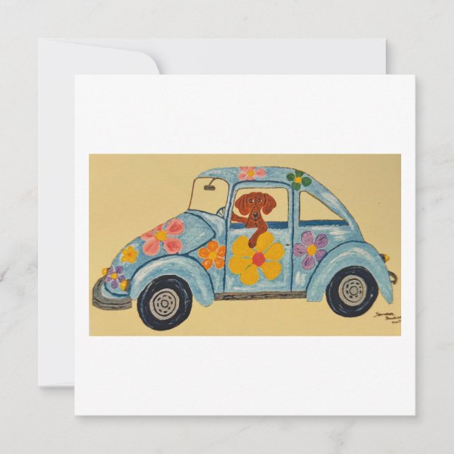 Convite Dachshund em carro hippie (Frente)