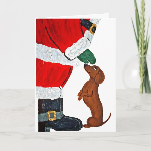 Convite Dachshund recebendo um presente do Papai Noel (Frente)