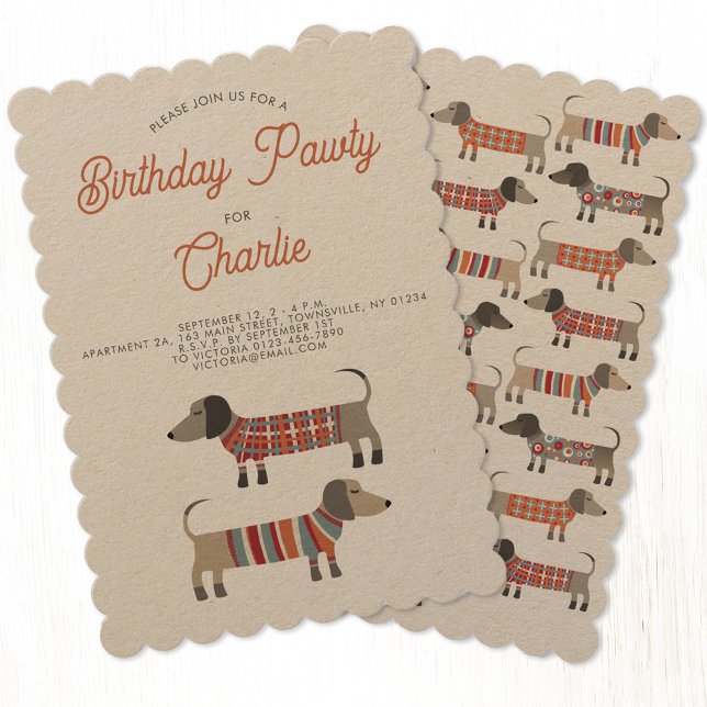 Convite Dachshund Sausy Dog Birthday Pawty (Fun Dachshund Wiener Sausage Dog personalized party invitation)