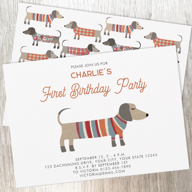 Convite Dachshund Wiener Salsicha Cão Primeira Festa de an (Fun Dachshund Wiener Sausage Dog personalized first birthday party invitation)