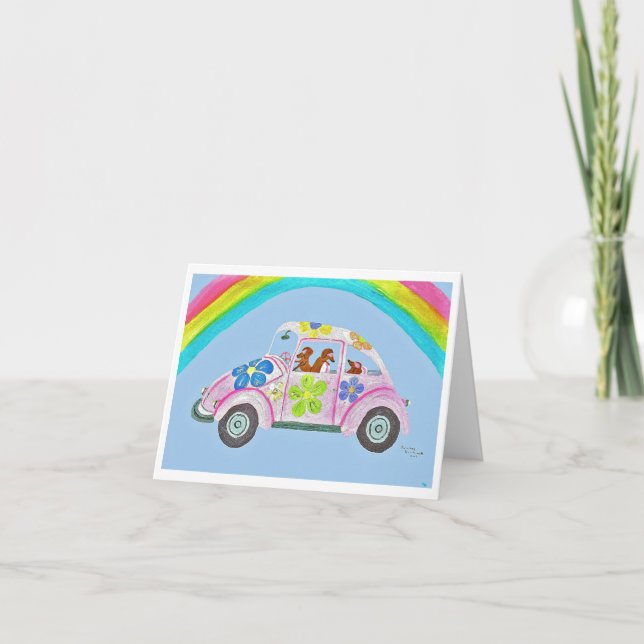 Convite Dachshunds em um Carro Hippie sob um Arco-íris (Frente)