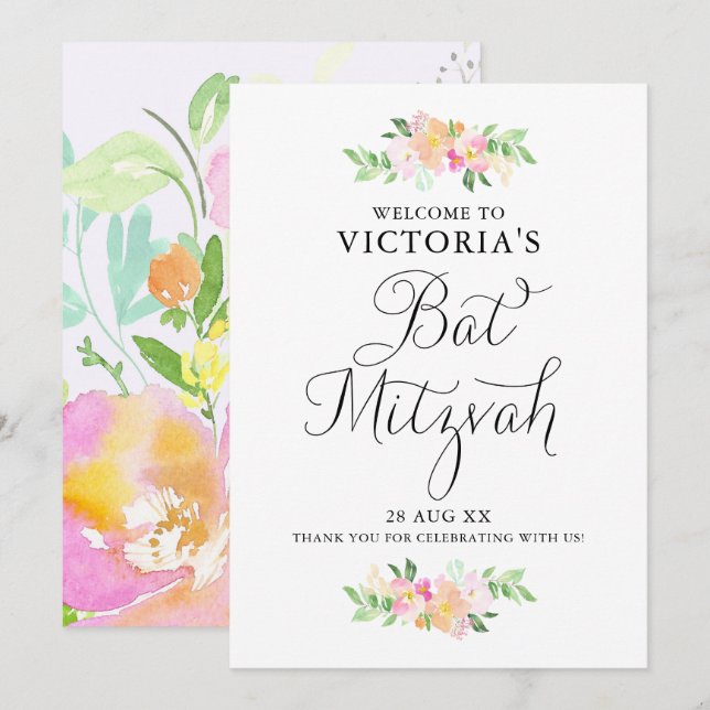 Convite Dacil Watercolor Florals Bat Mitzvah Sinal de Boas (Frente/Verso)