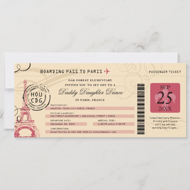 Convite Daddy Daughter Dance Paris France Boarding Pass (Frente)